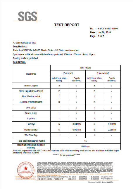  New Finished SGS Test Report of Our Solid White Quartz